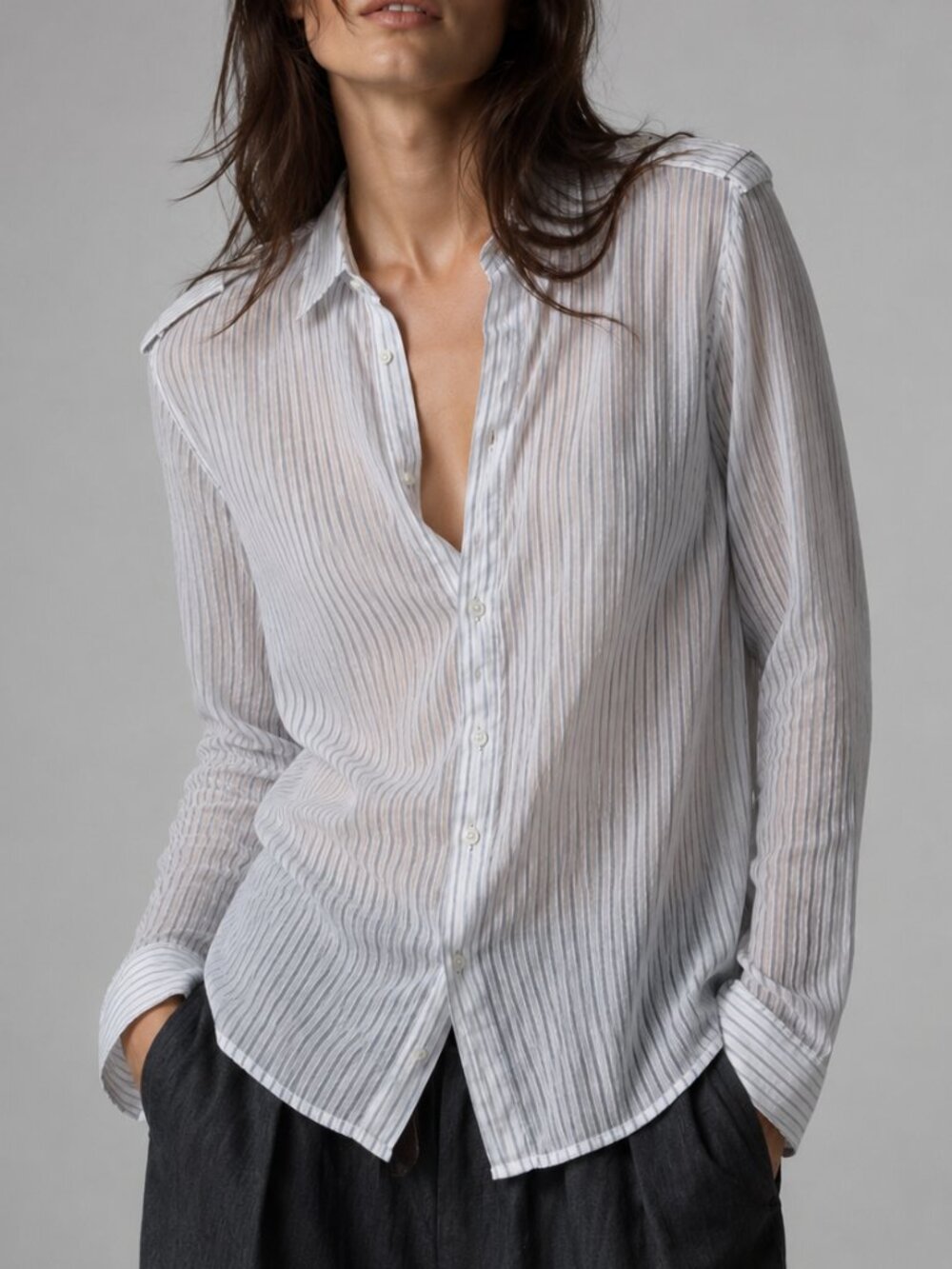 Nicholas K White Semi Sheer Cotton Silk Striped Button Down Shirt Large